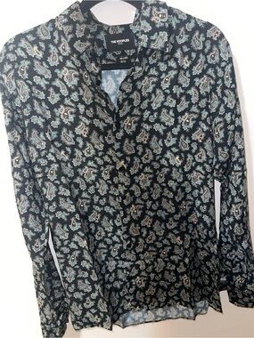 The Kooples Black Paisley Button-Down Blouse with Teal Accents